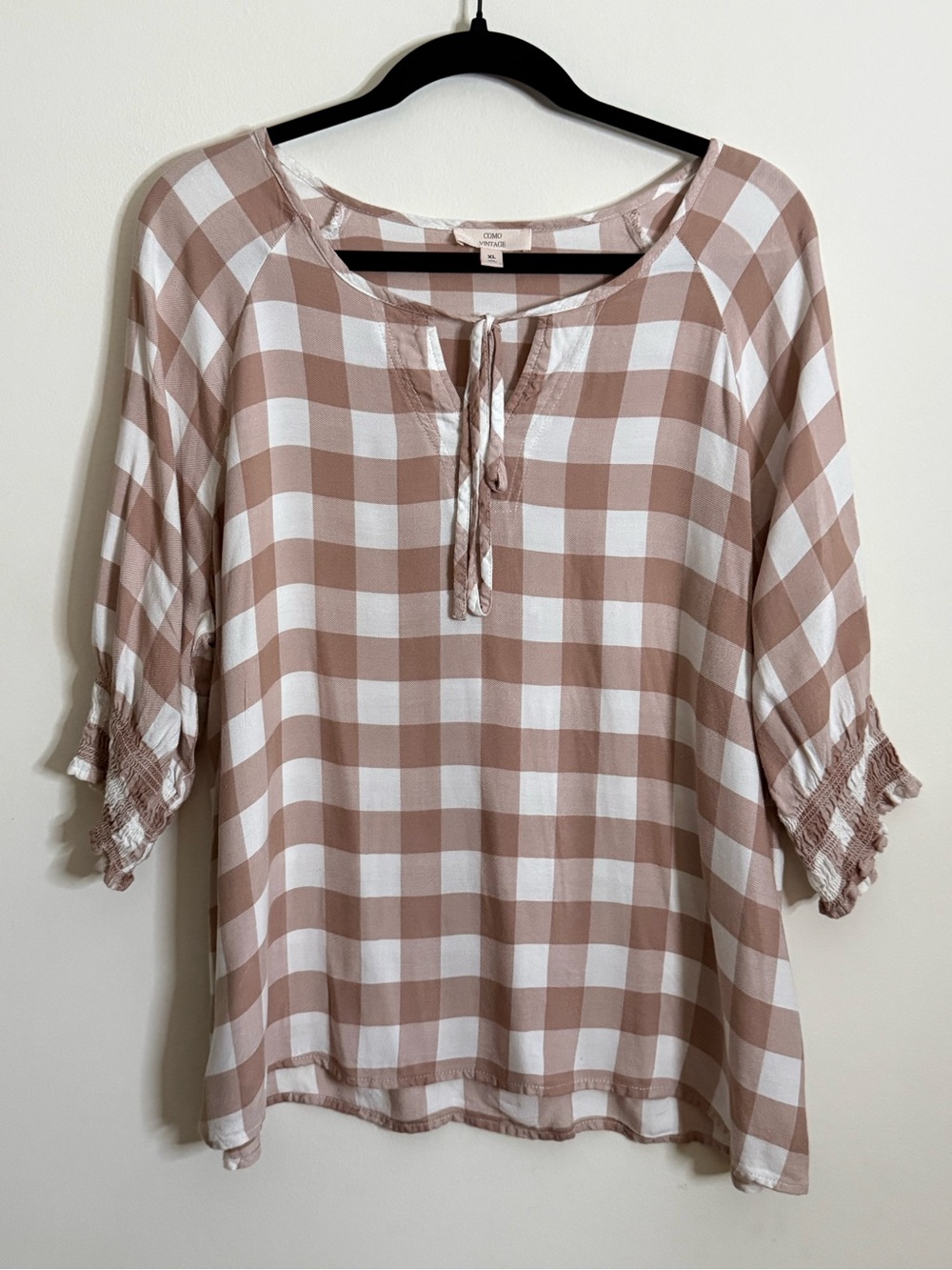 {Como Vintage}-Size XL- Plaid Peasant Top - Taupe & White